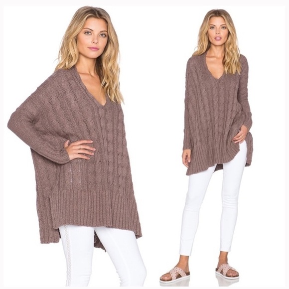 Free People Easy Cable V-neck Knit Sweater Brown Mushroom XS Tunic Oversized - Picture 4 of 14